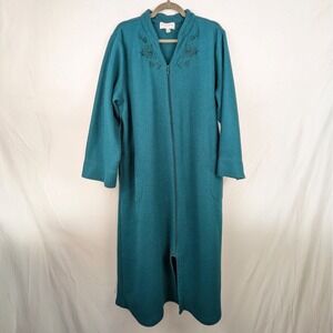 Vtg Miss Elaine Teal Embroidered Full Zip Up Boucle Robe Lounger 1X XL Grandma